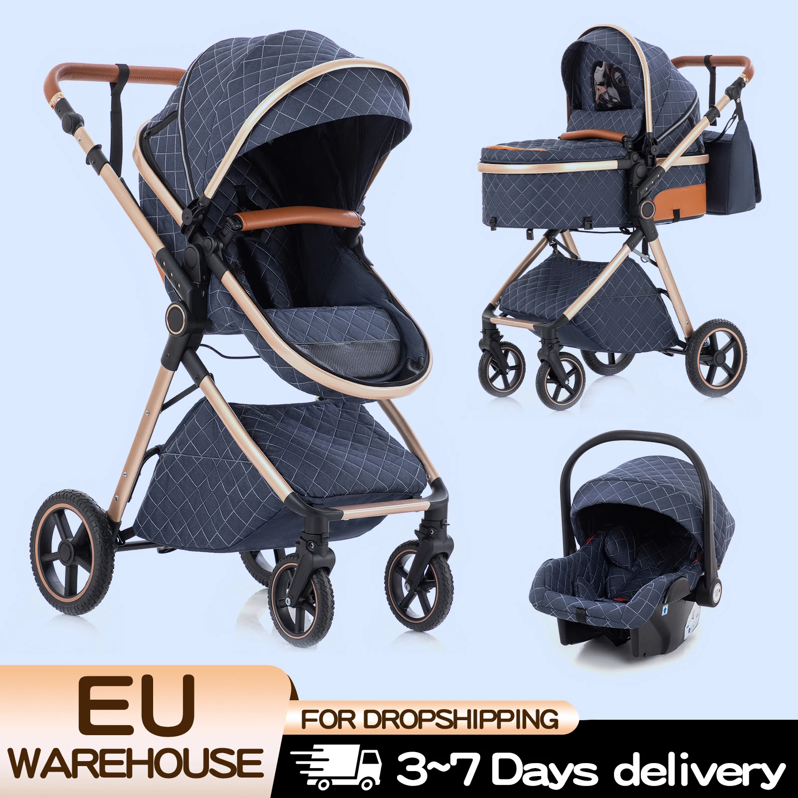 Baby Stroller 3 in 1 Portable Baby Carriage Folding Prams High Landscape Multifunction Pushchair Compact Folding Travel