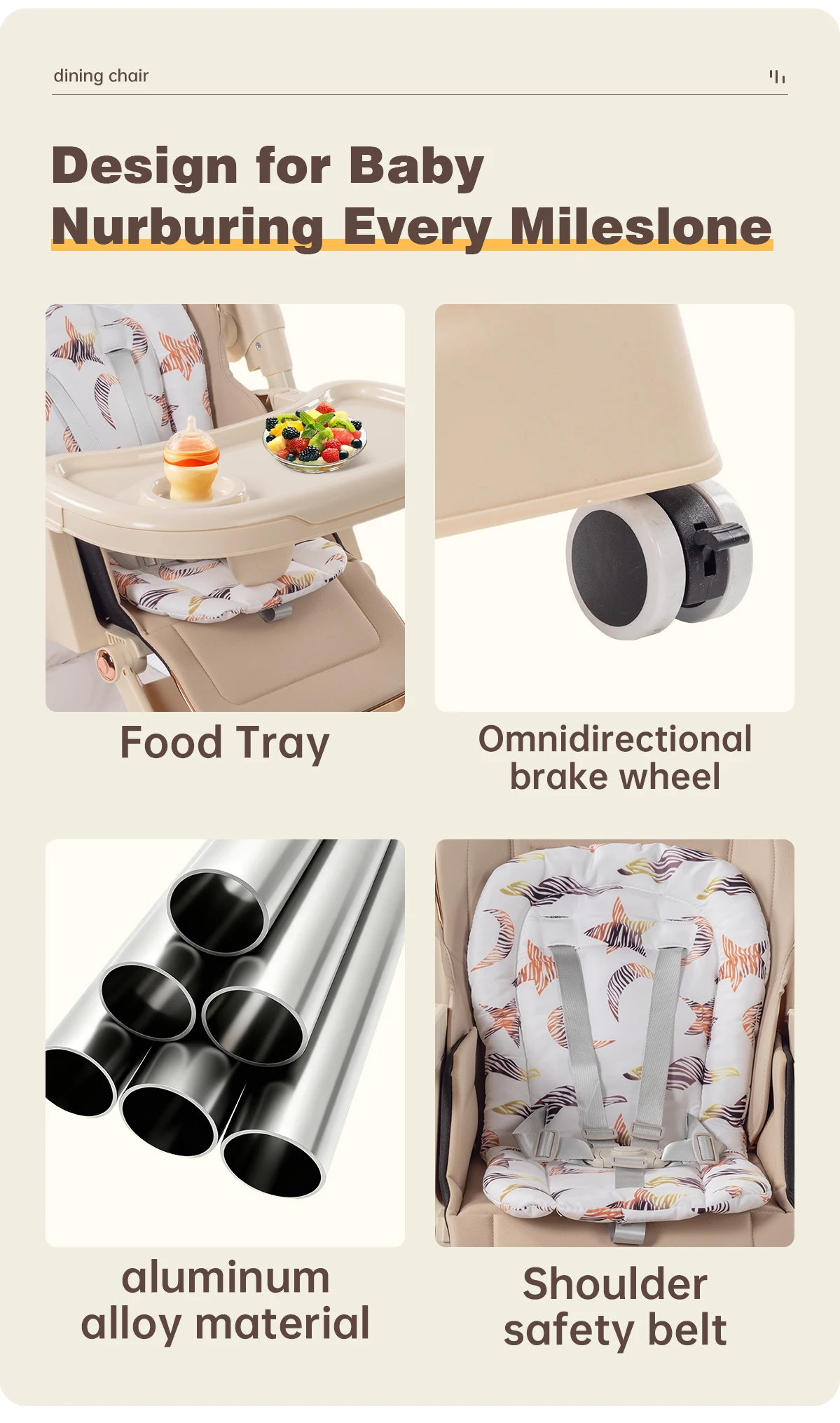 Foldable Baby High Chair Portable Infant Dining Chair Space-Saving Compact Folded for Corner Storage Adjustable Double Feeding Tray Toddler Booster Seat with Omnidirectional Brake Wheels Washable Leather Cushion Seat