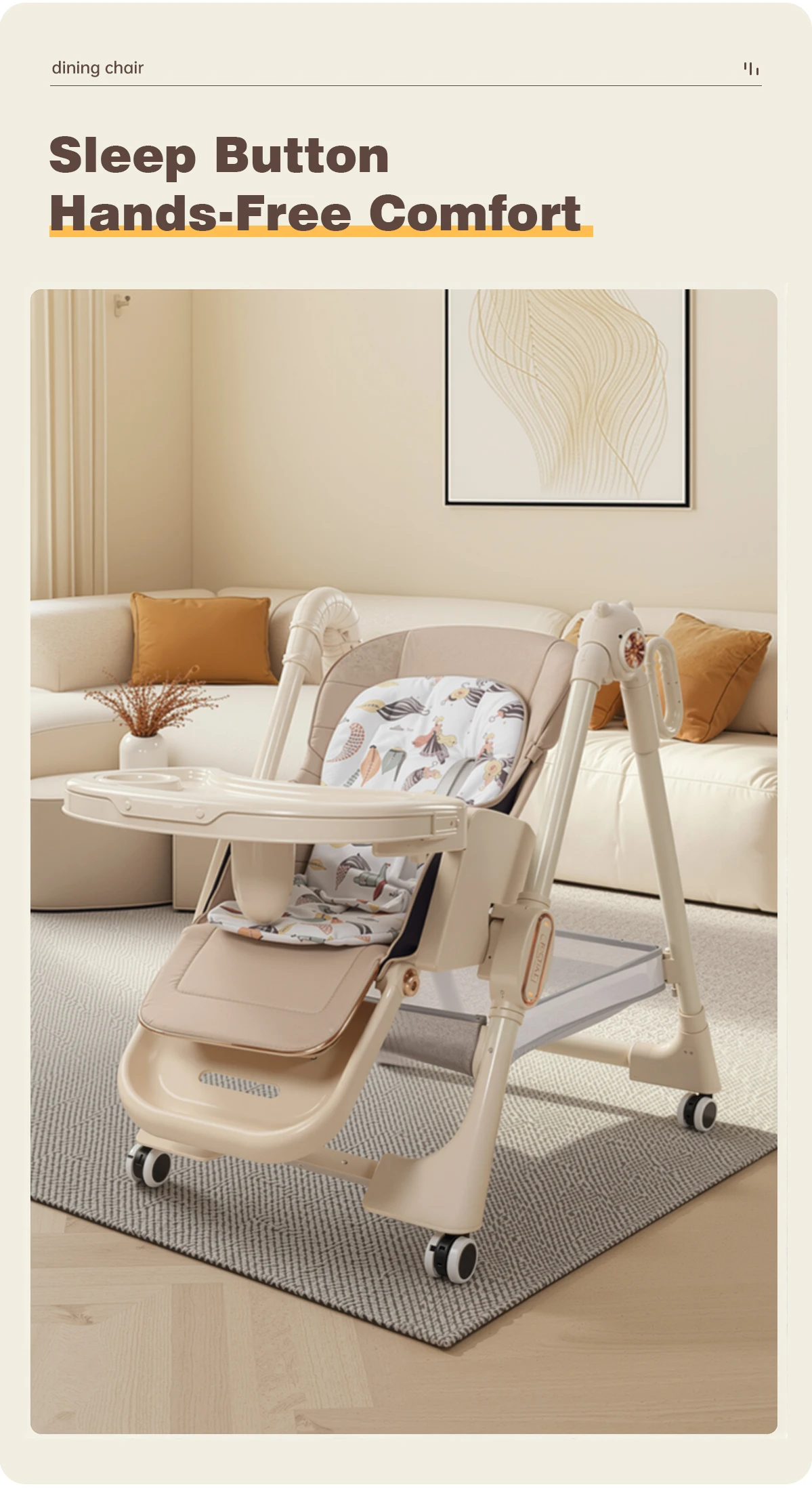 Foldable Baby High Chair Portable Infant Dining Chair Space-Saving Compact Folded for Corner Storage Adjustable Double Feeding Tray Toddler Booster Seat with Omnidirectional Brake Wheels Washable Leather Cushion Seat