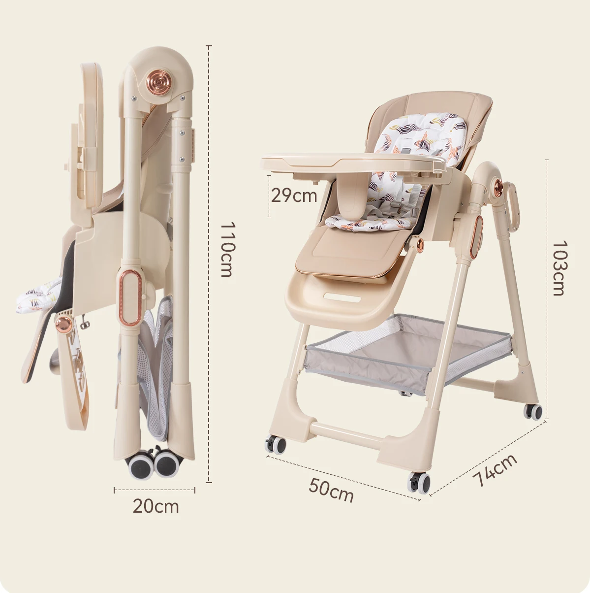 Foldable Baby High Chair Portable Infant Dining Chair Space-Saving Compact Folded for Corner Storage Adjustable Double Feeding Tray Toddler Booster Seat with Omnidirectional Brake Wheels Washable Leather Cushion Seat