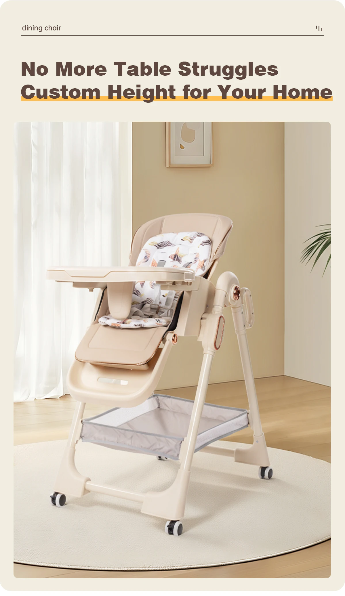 Foldable Baby High Chair Portable Infant Dining Chair Space-Saving Compact Folded for Corner Storage Adjustable Double Feeding Tray Toddler Booster Seat with Omnidirectional Brake Wheels Washable Leather Cushion Seat