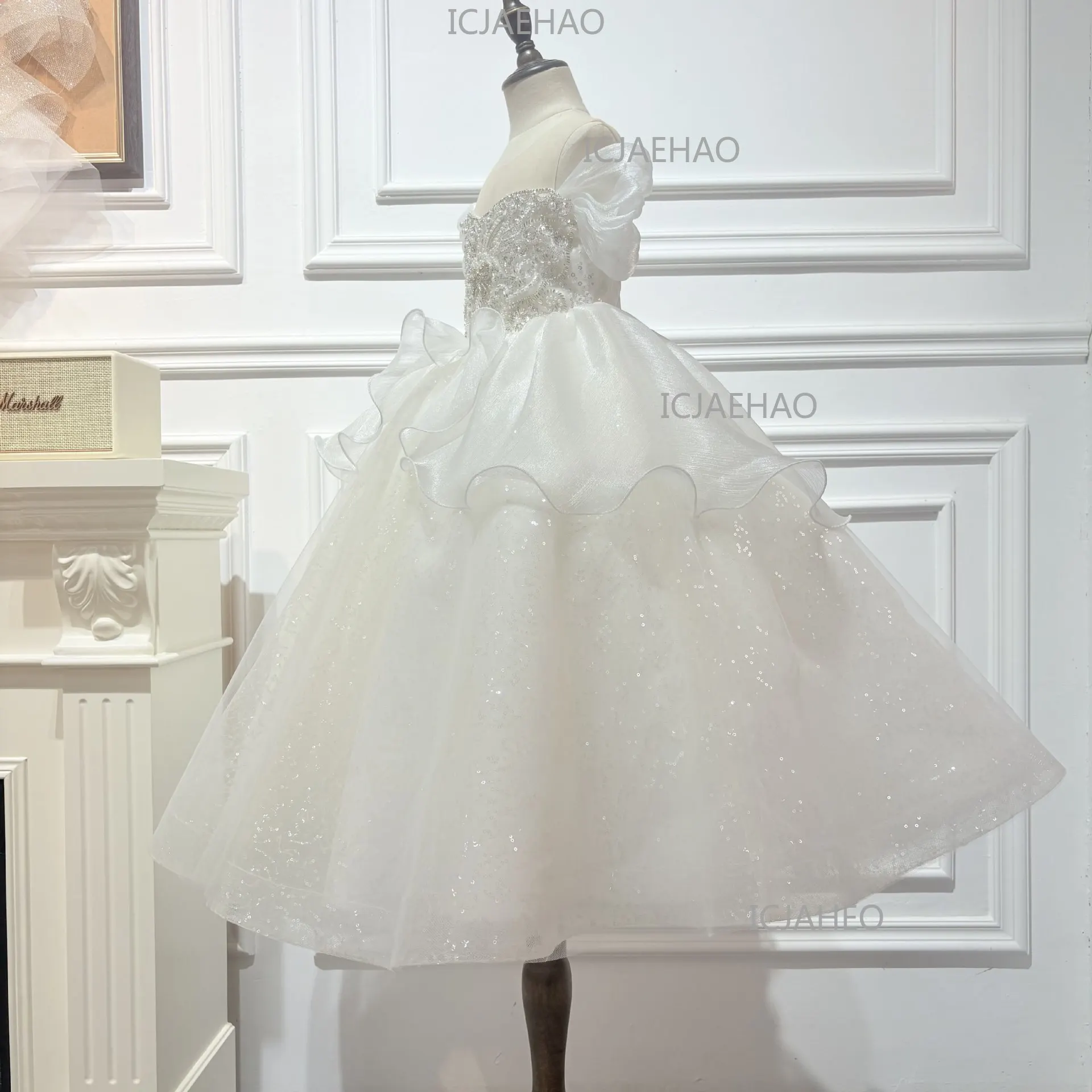 Children Girls Formal Silver White Sequin Elegant Tutu Kids Flower Girl Wedding Birthday Party Host Piano Princess Gown Clothes