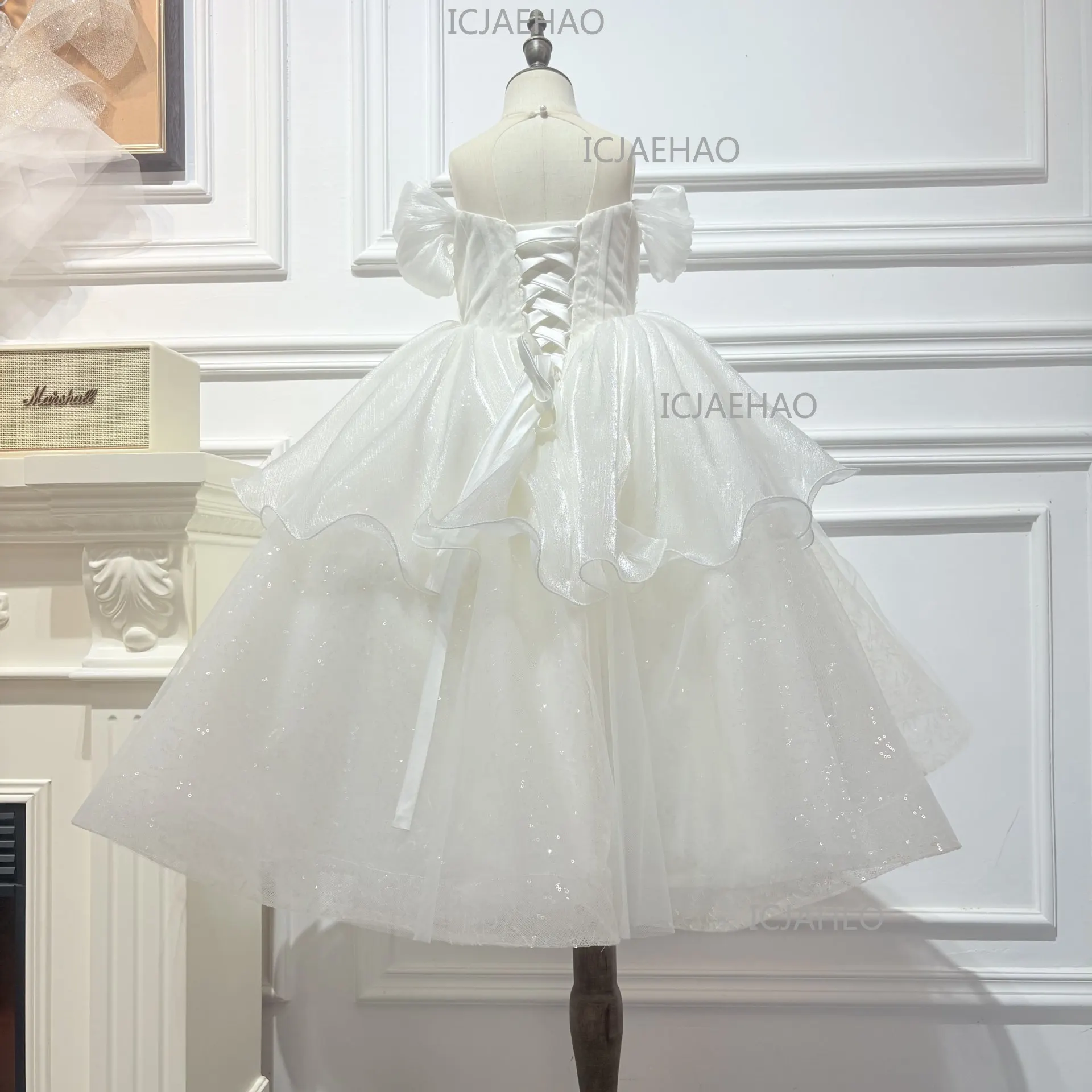 Children Girls Formal Silver White Sequin Elegant Tutu Kids Flower Girl Wedding Birthday Party Host Piano Princess Gown Clothes