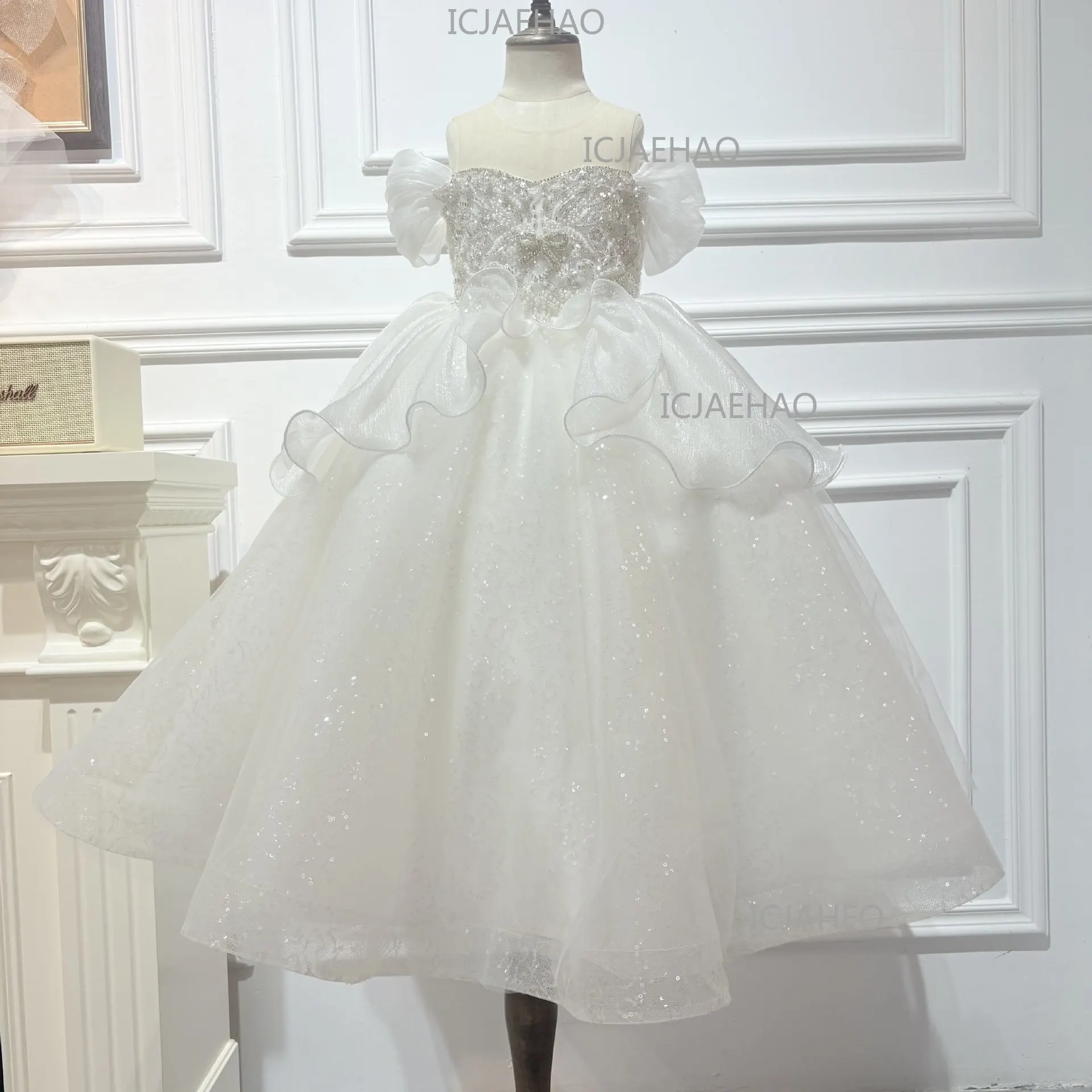 Children Girls Formal Silver White Sequin Elegant Tutu Kids Flower Girl Wedding Birthday Party Host Piano Princess Gown Clothes