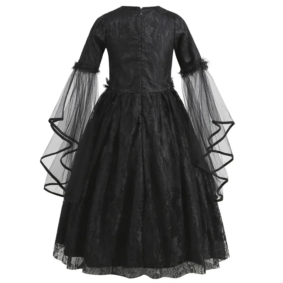 Kids Day of The Dead Fancy Dress Black Mesh Long‑Sleeve Gown Rose Accessories Set Girls Halloween Vampire Party Costume