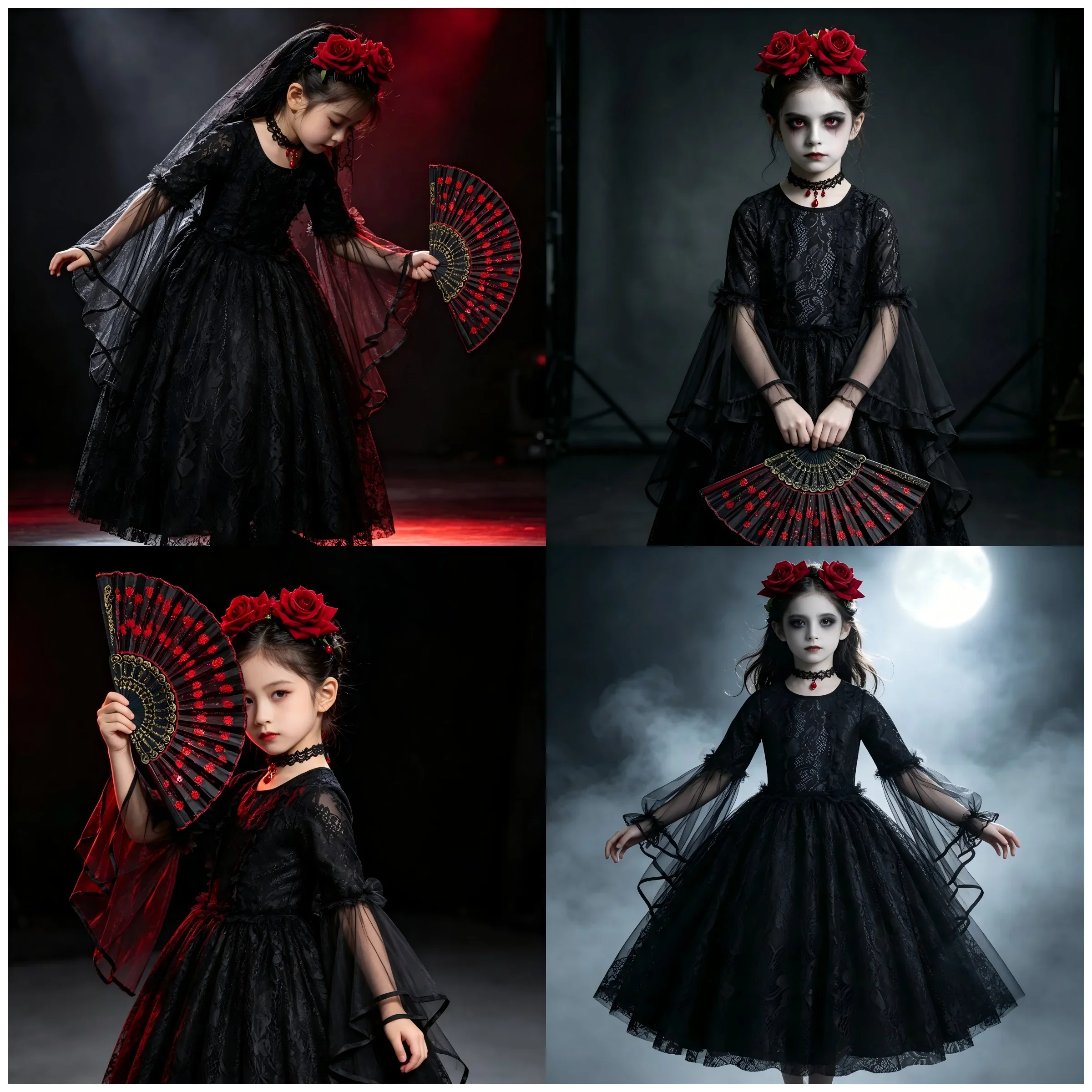 Kids Day of The Dead Fancy Dress Black Mesh Long‑Sleeve Gown Rose Accessories Set Girls Halloween Vampire Party Costume