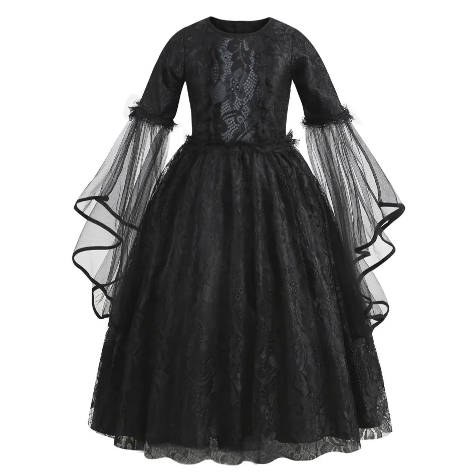 Kids Day of The Dead Fancy Dress Black Mesh Long‑Sleeve Gown Rose Accessories Set Girls Halloween Vampire Party Costume