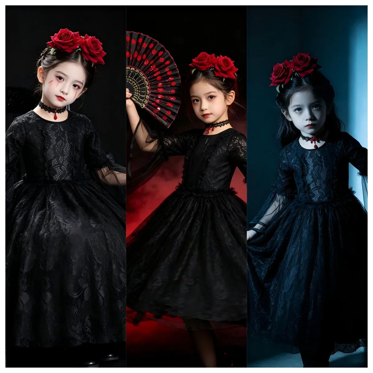 Kids Day of The Dead Fancy Dress Black Mesh Long‑Sleeve Gown Rose Accessories Set Girls Halloween Vampire Party Costume