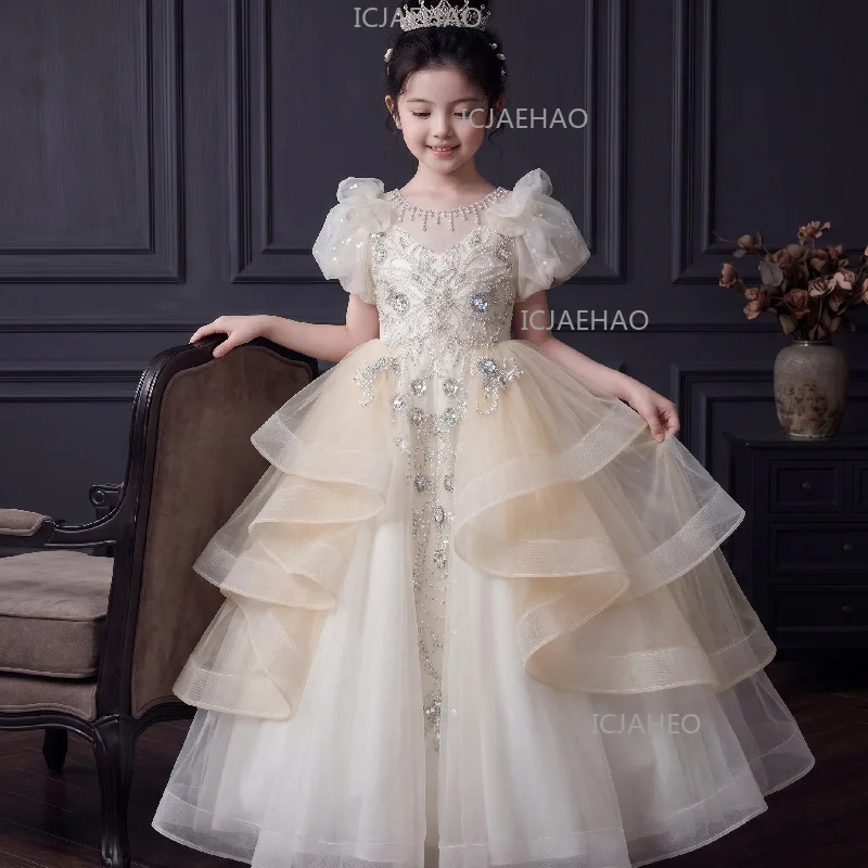 2026 Children Girls Formal Multi Layer Long Tutu Birthday Party New Kids Flower Girl Wedding Piano Elegant Princess Gown Costume