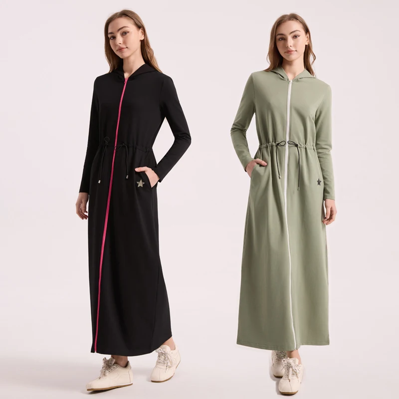 AA AW26 Winter Cotton Woman Hoodie Dress Adjustable Waistband Maxi Zipper Dress Lady Clothes