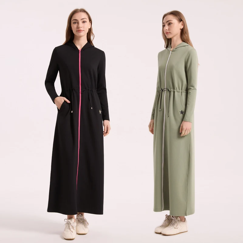 AA AW26 Winter Cotton Woman Hoodie Dress Adjustable Waistband Maxi Zipper Dress Lady Clothes