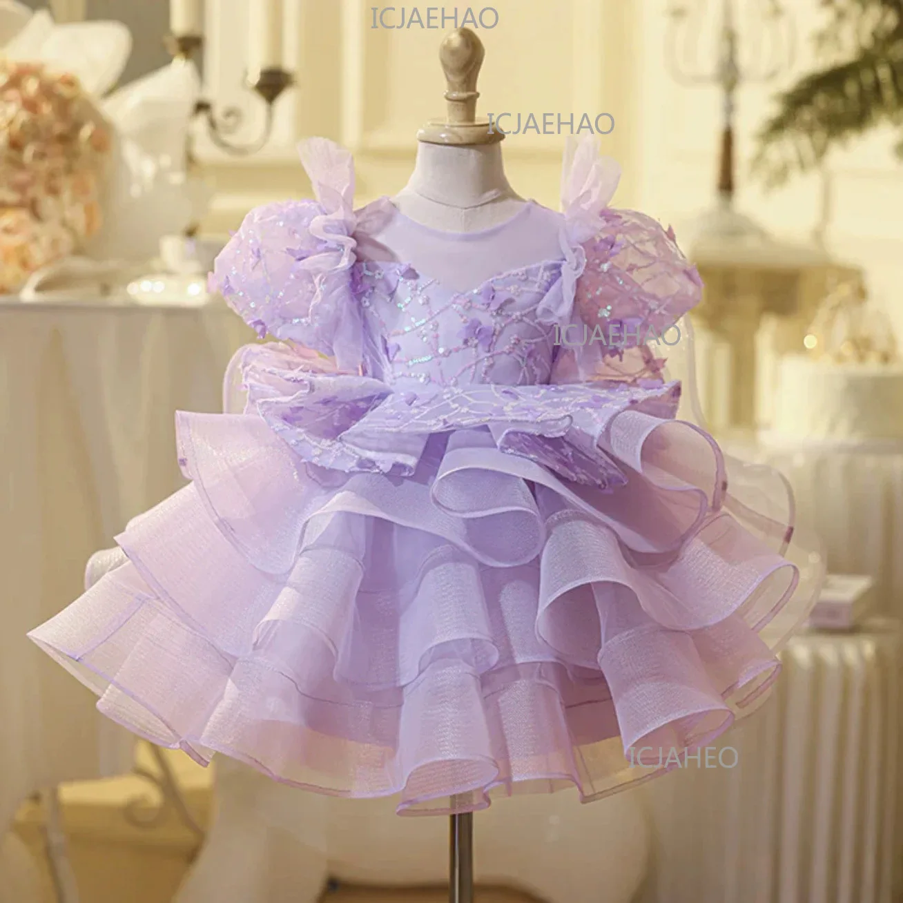 Kids Formal Purple Girls Princess Gown Birthday Party Banquet Elegant Fashion Flower Girl Children Lace Tutu Sweet Cute Clothes