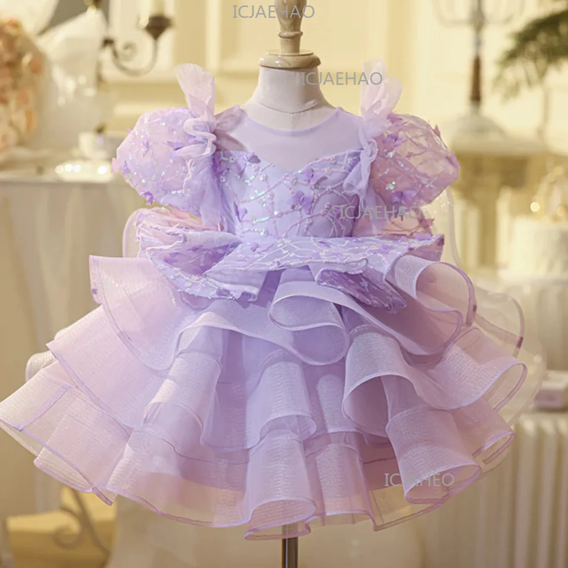 Kids Formal Purple Girls Princess Gown Birthday Party Banquet Elegant Fashion Flower Girl Children Lace Tutu Sweet Cute Clothes