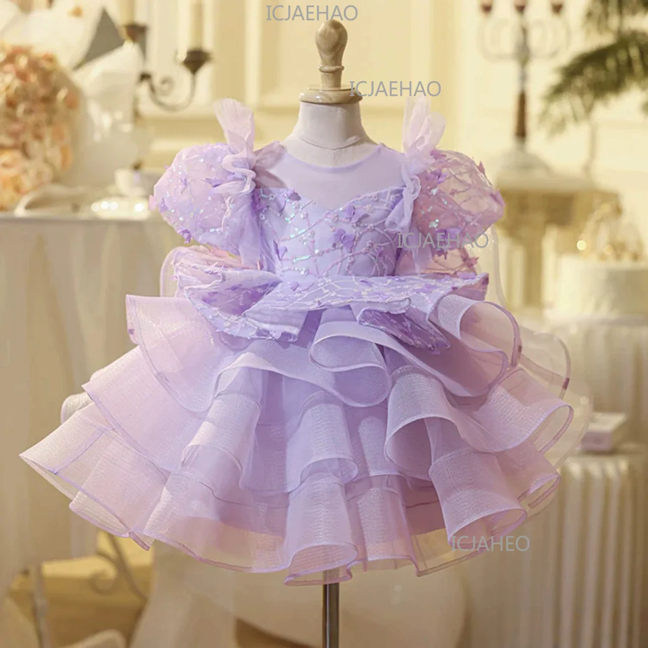 Kids Formal Purple Girls Princess Gown Birthday Party Banquet Elegant Fashion Flower Girl Children Lace Tutu Sweet Cute Clothes