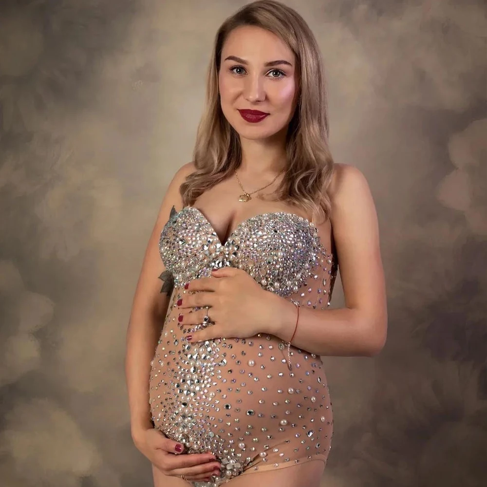 Sexy Goddess Bodysuit Maternity Photography Prop Dress V Neck Rhinestones Pearls Stretch Jumpsuits Women Pregnant Photo Shooting