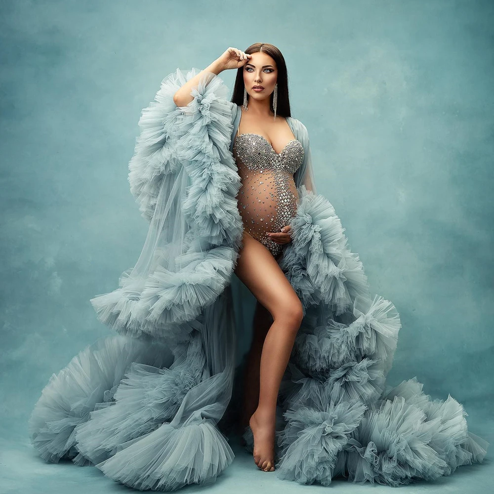 Sexy Goddess Bodysuit Maternity Photography Prop Dress V Neck Rhinestones Pearls Stretch Jumpsuits Women Pregnant Photo Shooting