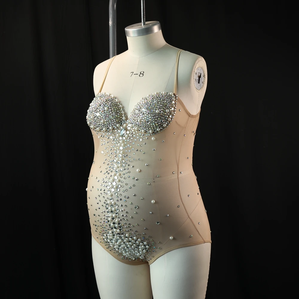 Sexy Goddess Bodysuit Maternity Photography Prop Dress V Neck Rhinestones Pearls Stretch Jumpsuits Women Pregnant Photo Shooting