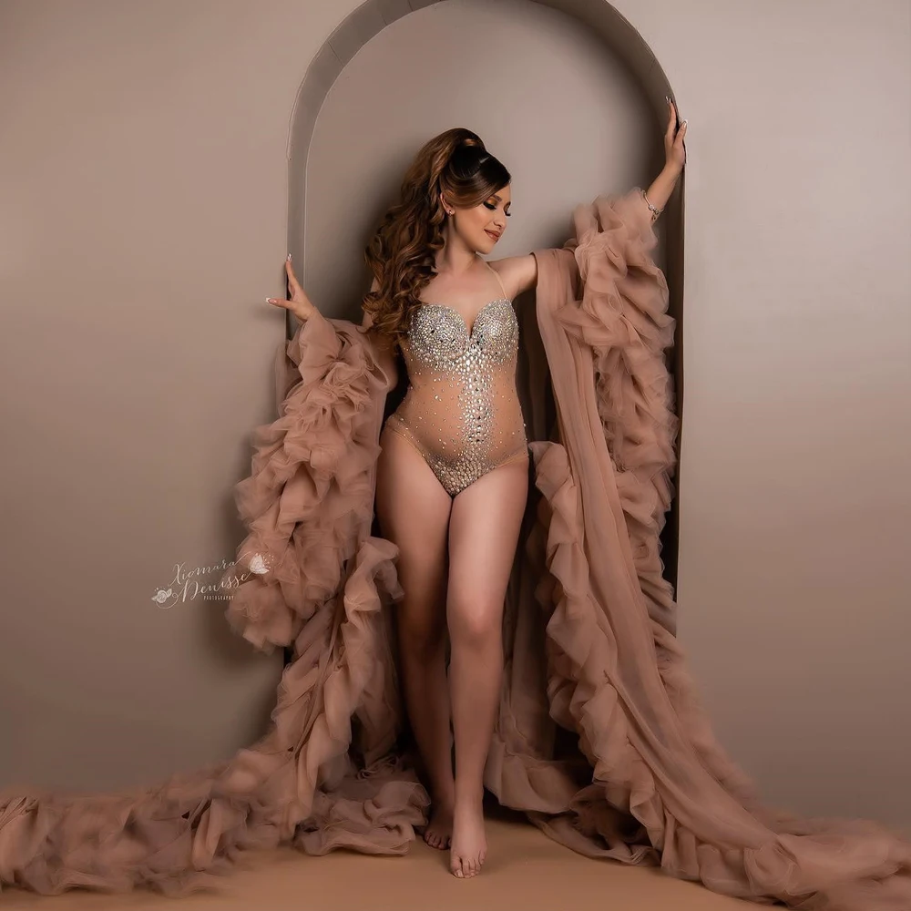 Sexy Goddess Bodysuit Maternity Photography Prop Dress V Neck Rhinestones Pearls Stretch Jumpsuits Women Pregnant Photo Shooting