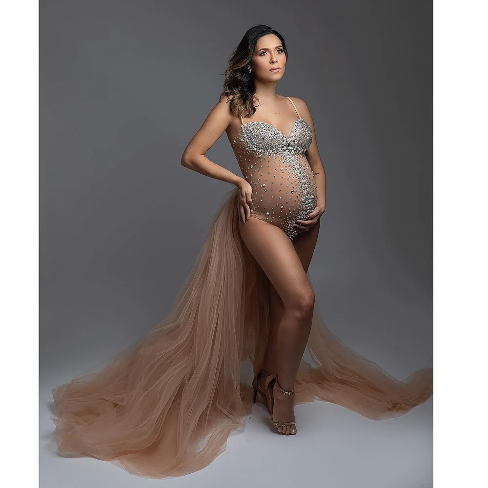 Sexy Goddess Bodysuit Maternity Photography Prop Dress V Neck Rhinestones Pearls Stretch Jumpsuits Women Pregnant Photo Shooting