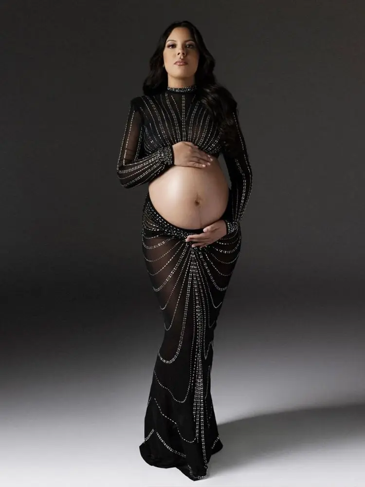 Maternity Dresses For Photo Shoot Maxi Evening Sexy Pregnant Women Elegant Sleeveless Bodycon Party Stretchy Rhinestone Body-con