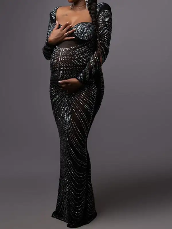 Maternity Dresses For Photo Shoot Maxi Evening Sexy Pregnant Women Elegant Sleeveless Bodycon Party Stretchy Rhinestone Body-con