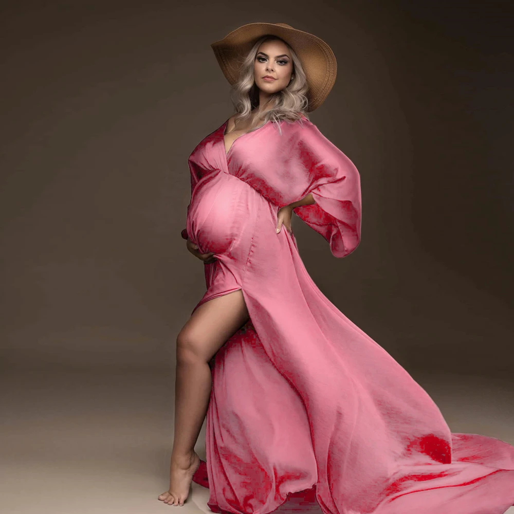 Maternity Photography Gown Elegant Soft Satin Chiffon Long Sleeved Dress Bohemian Photo Shooting Pregnancy Dress