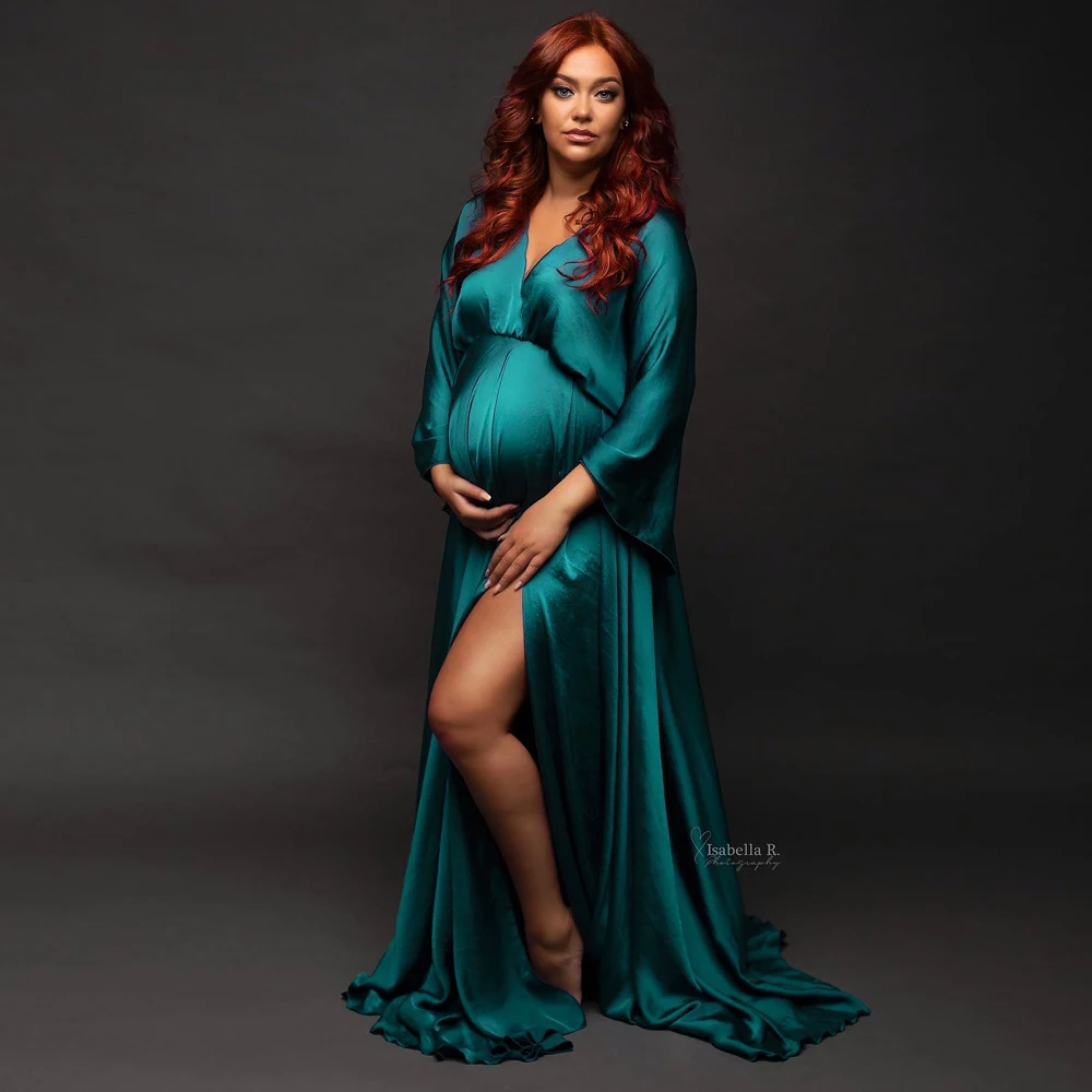 Maternity Photography Gown Elegant Soft Satin Chiffon Long Sleeved Dress Bohemian Photo Shooting Pregnancy Dress