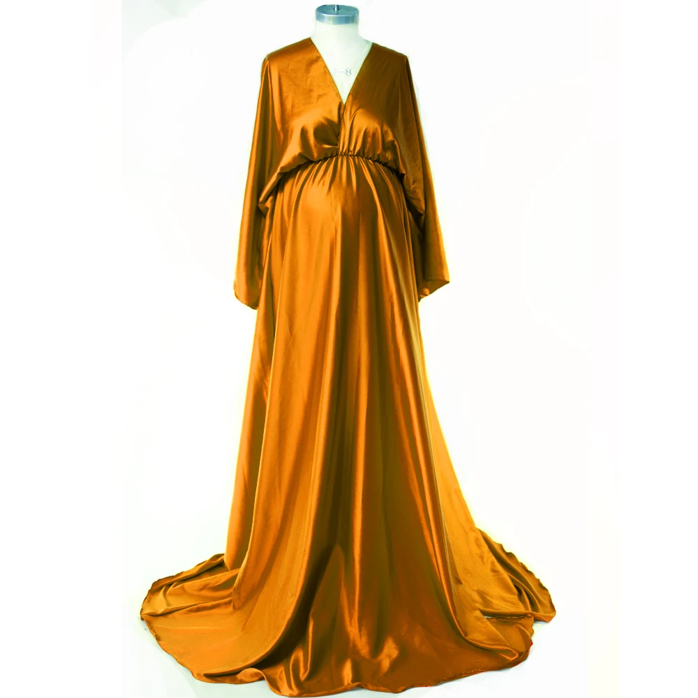 Maternity Photography Gown Elegant Soft Satin Chiffon Long Sleeved Dress Bohemian Photo Shooting Pregnancy Dress