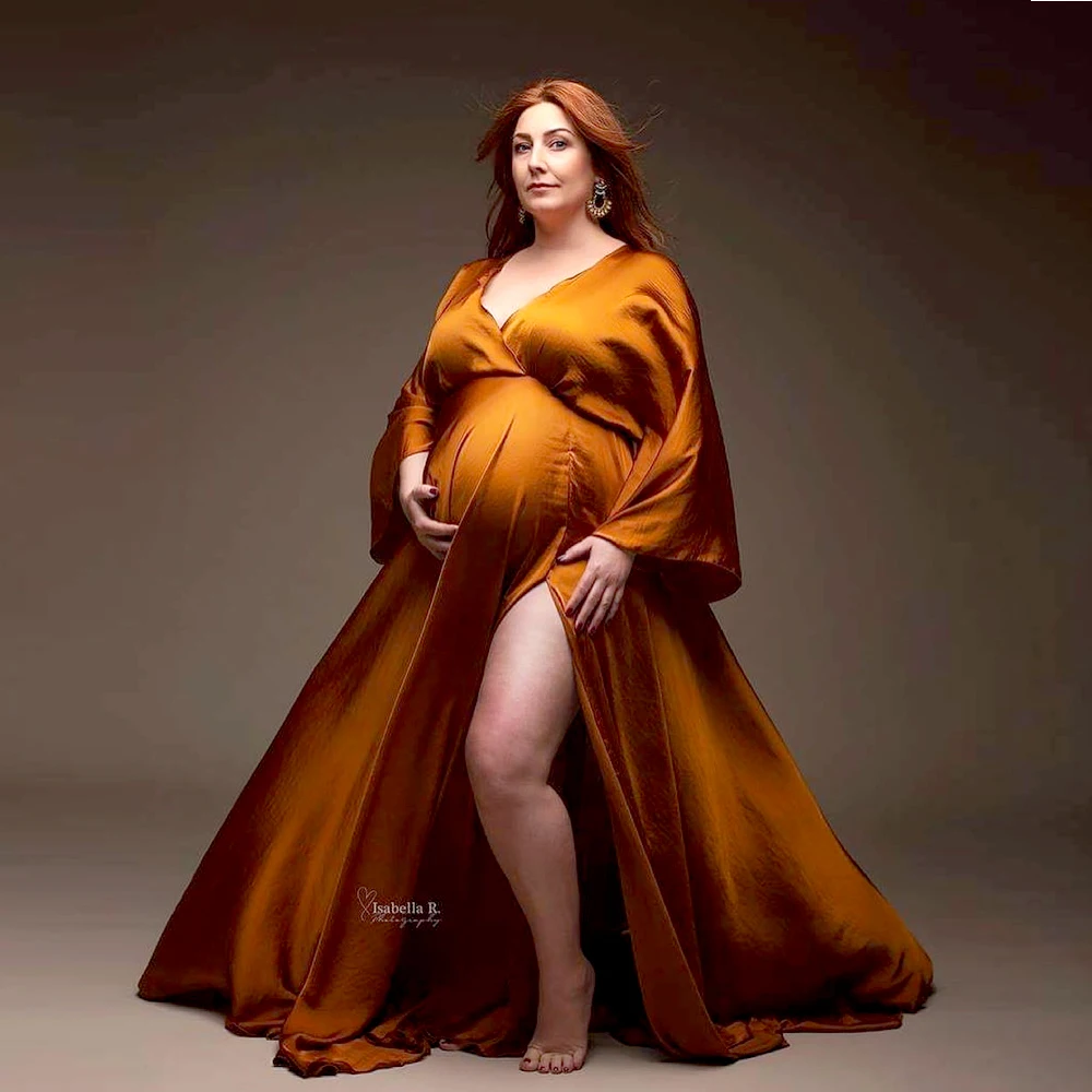 Maternity Photography Gown Elegant Soft Satin Chiffon Long Sleeved Dress Bohemian Photo Shooting Pregnancy Dress