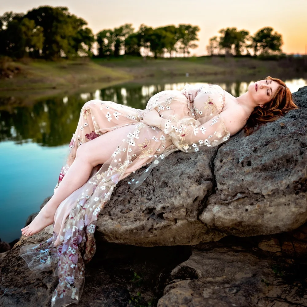Maternity Photoshoot Dress Off Shoulder Embroidered Yarn Floral High Waist Split Pregnancy Shooting Dress Baby Shower Dresses
