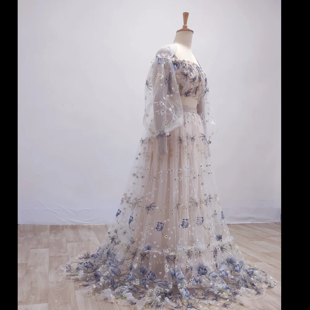 Maternity Photoshoot Dress Off Shoulder Embroidered Yarn Floral High Waist Split Pregnancy Shooting Dress Baby Shower Dresses