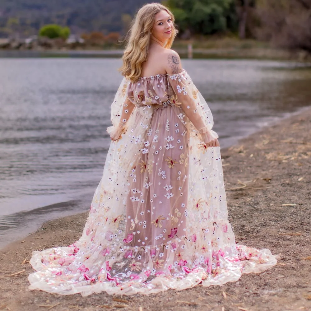 Maternity Photoshoot Dress Off Shoulder Embroidered Yarn Floral High Waist Split Pregnancy Shooting Dress Baby Shower Dresses