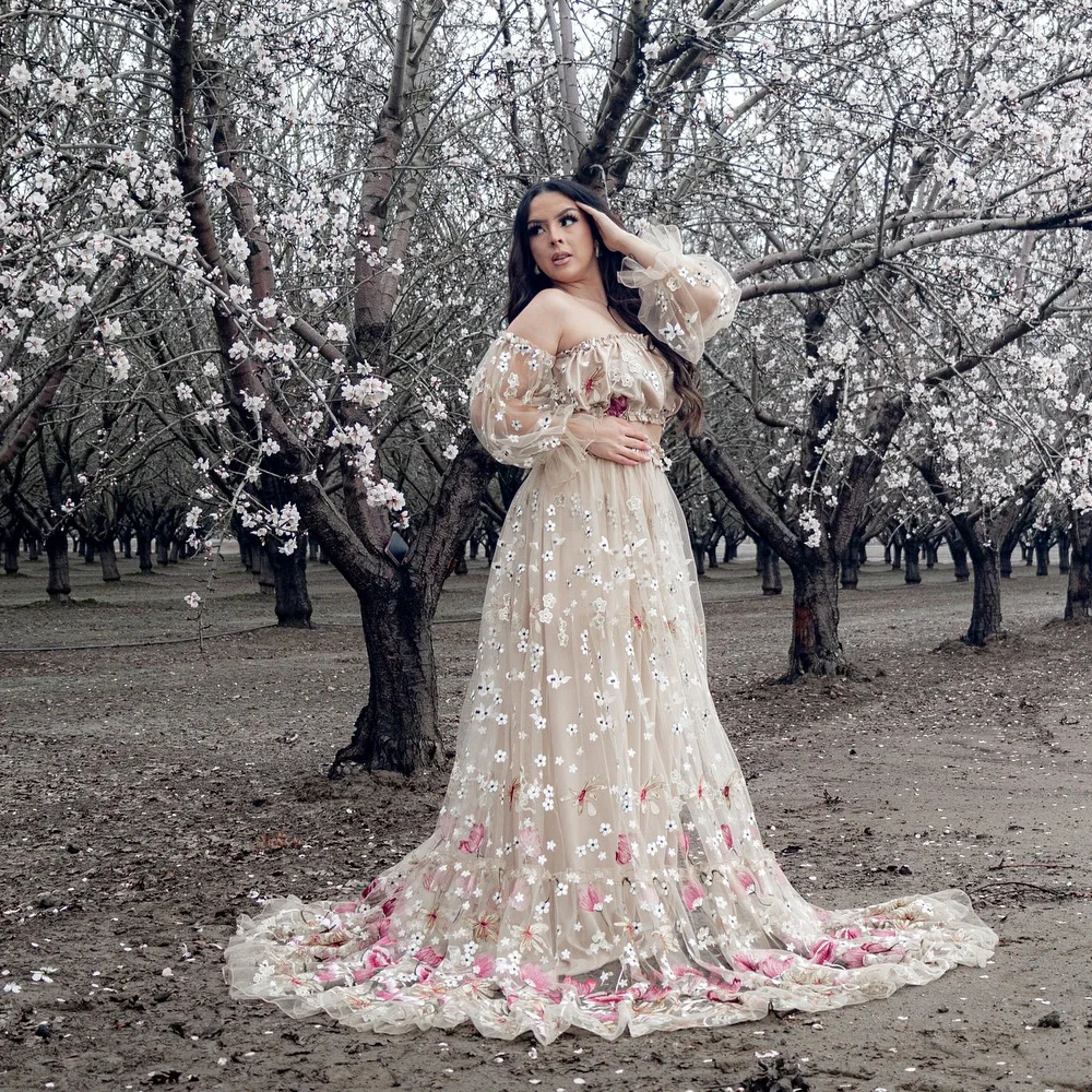 Maternity Photoshoot Dress Off Shoulder Embroidered Yarn Floral High Waist Split Pregnancy Shooting Dress Baby Shower Dresses