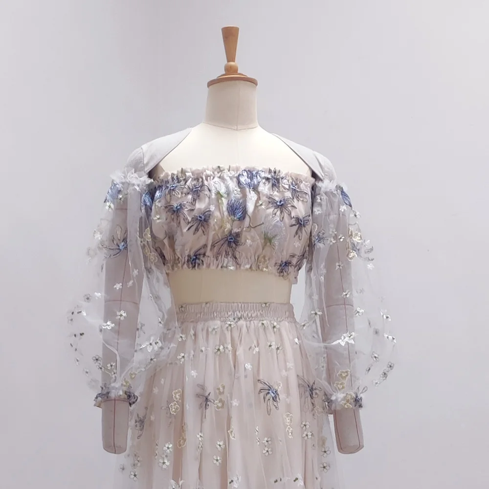 Maternity Photoshoot Dress Off Shoulder Embroidered Yarn Floral High Waist Split Pregnancy Shooting Dress Baby Shower Dresses