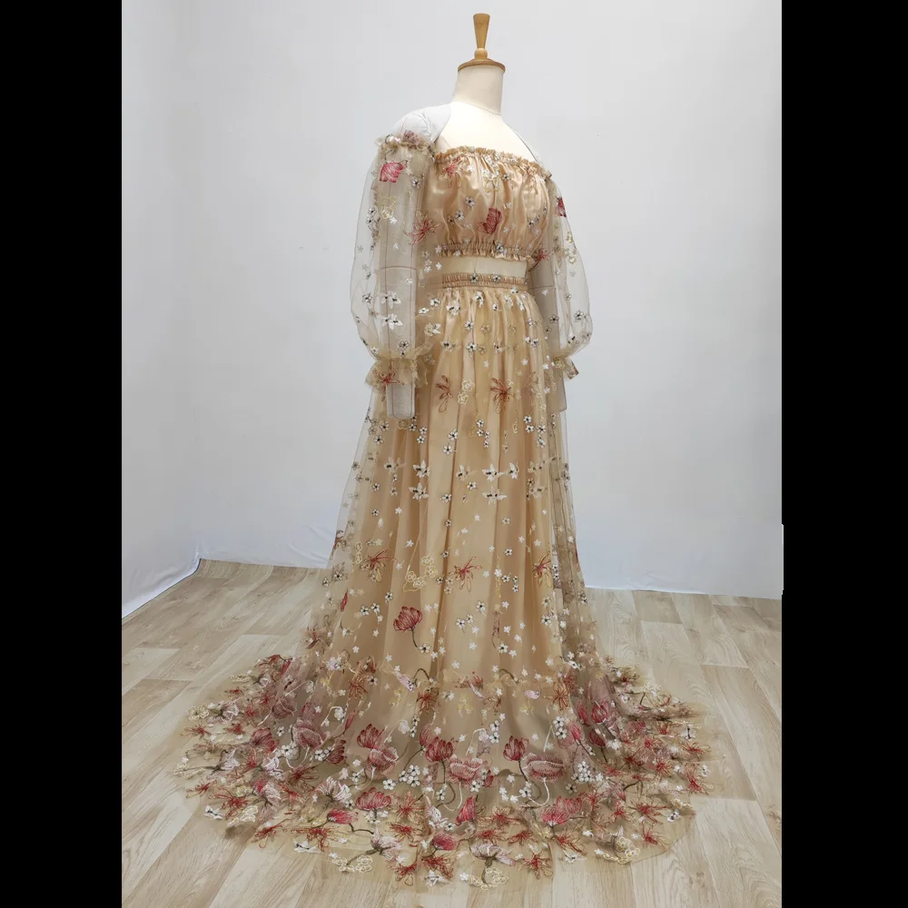 Maternity Photoshoot Dress Off Shoulder Embroidered Yarn Floral High Waist Split Pregnancy Shooting Dress Baby Shower Dresses