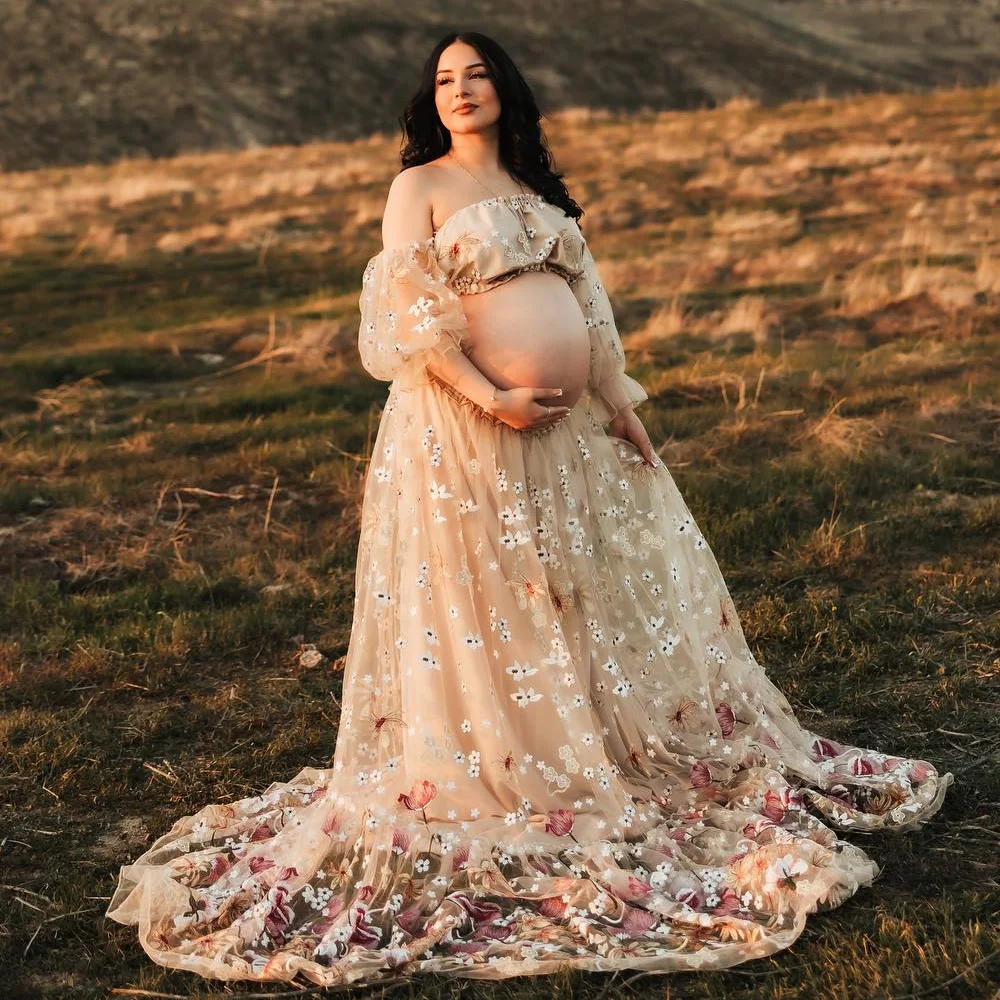 Maternity Photoshoot Dress Off Shoulder Embroidered Yarn Floral High Waist Split Pregnancy Shooting Dress Baby Shower Dresses