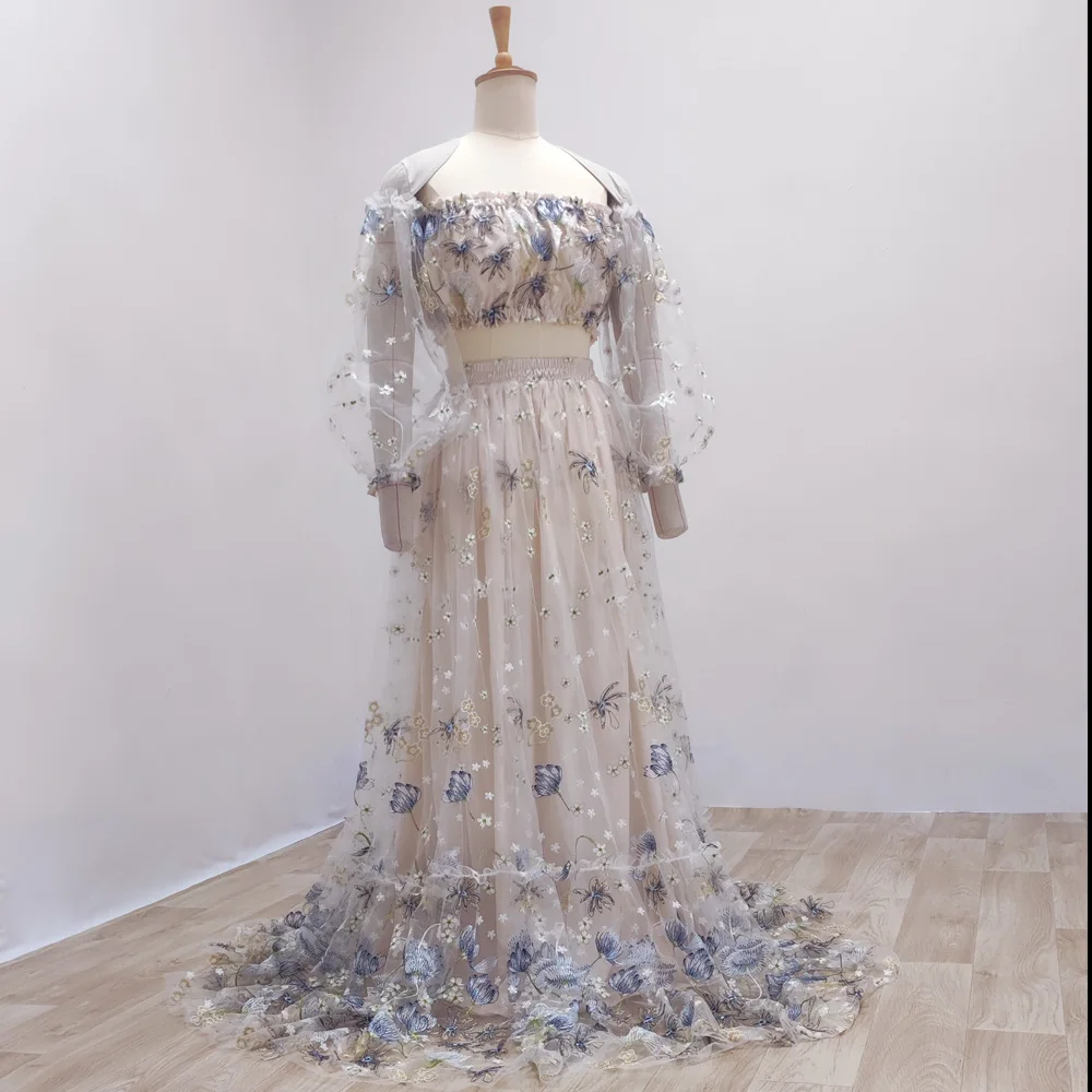 Maternity Photoshoot Dress Off Shoulder Embroidered Yarn Floral High Waist Split Pregnancy Shooting Dress Baby Shower Dresses