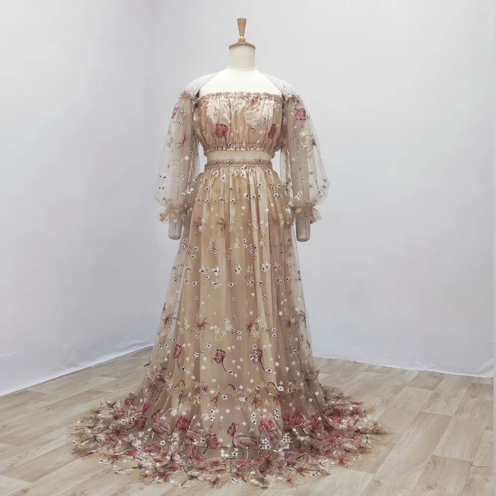 Maternity Photoshoot Dress Off Shoulder Embroidered Yarn Floral High Waist Split Pregnancy Shooting Dress Baby Shower Dresses