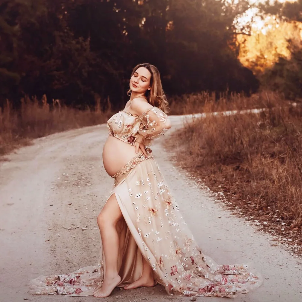 Maternity Photoshoot Dress Off Shoulder Embroidered Yarn Floral High Waist Split Pregnancy Shooting Dress Baby Shower Dresses