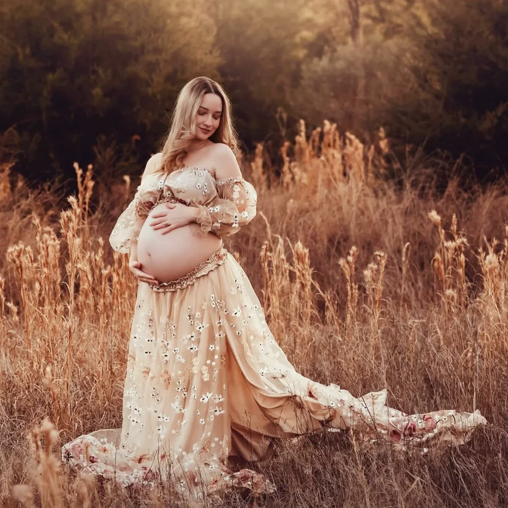 Maternity Photoshoot Dress Off Shoulder Embroidered Yarn Floral High Waist Split Pregnancy Shooting Dress Baby Shower Dresses