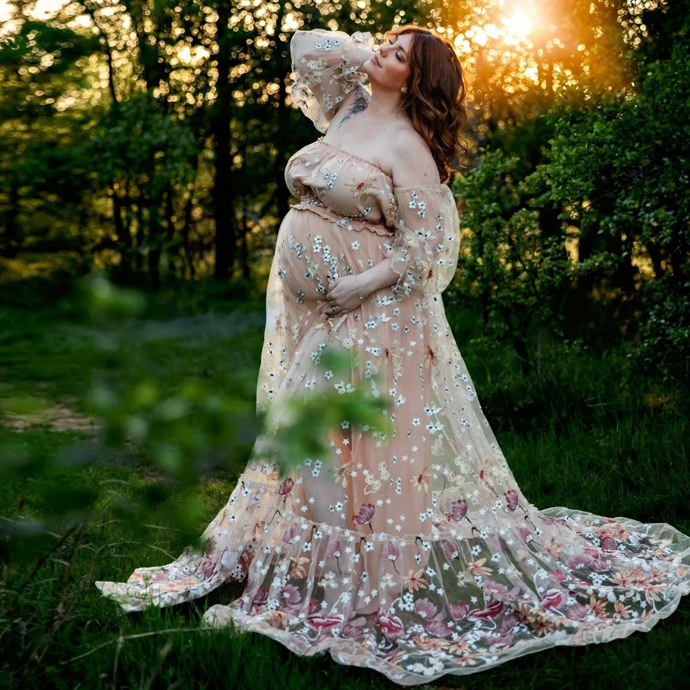 Maternity Photoshoot Dress Off Shoulder Embroidered Yarn Floral High Waist Split Pregnancy Shooting Dress Baby Shower Dresses