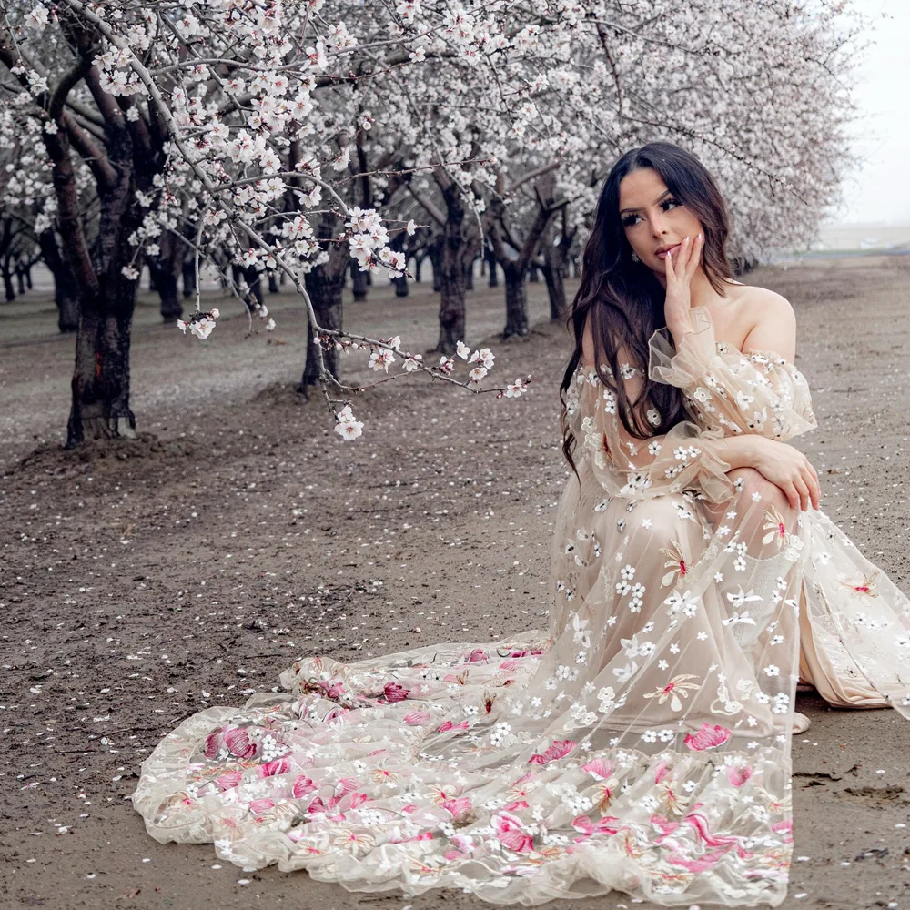 Maternity Photoshoot Dress Off Shoulder Embroidered Yarn Floral High Waist Split Pregnancy Shooting Dress Baby Shower Dresses