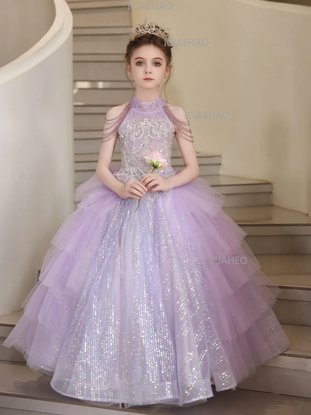 2026 Purple Kids Formal Girls Princess Gown Children Piano Performance Elegant Host Dress Wedding Flower Girl Evening Costume