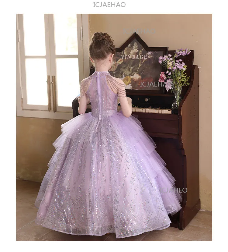 2026 Purple Kids Formal Girls Princess Gown Children Piano Performance Elegant Host Dress Wedding Flower Girl Evening Costume