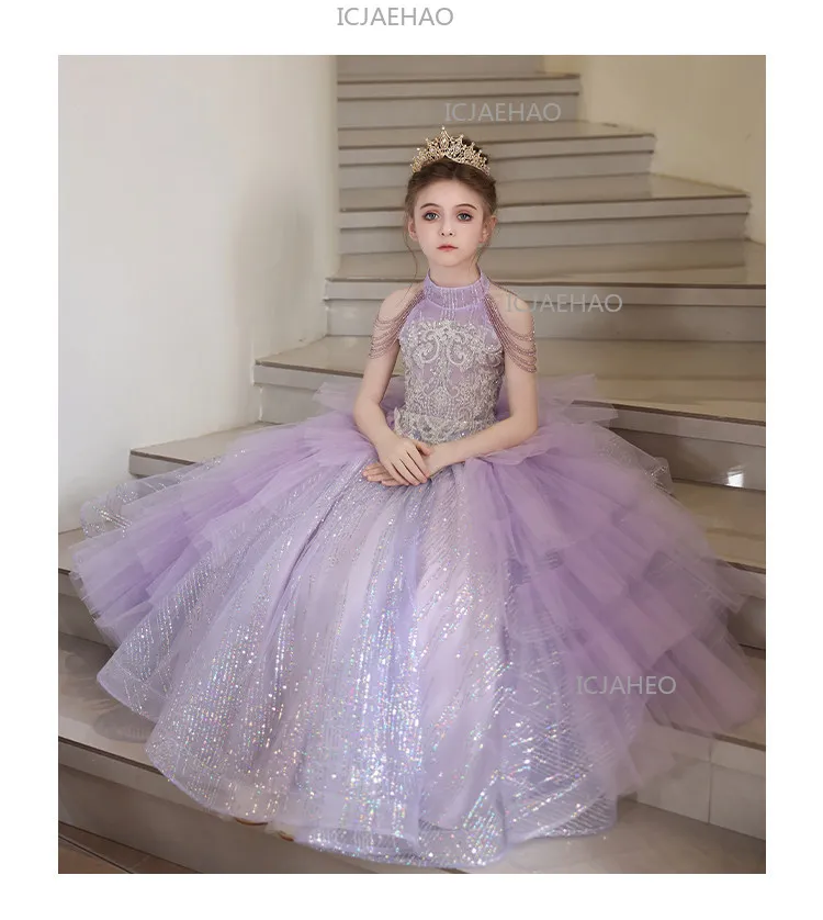 2026 Purple Kids Formal Girls Princess Gown Children Piano Performance Elegant Host Dress Wedding Flower Girl Evening Costume