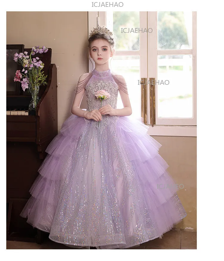 2026 Purple Kids Formal Girls Princess Gown Children Piano Performance Elegant Host Dress Wedding Flower Girl Evening Costume