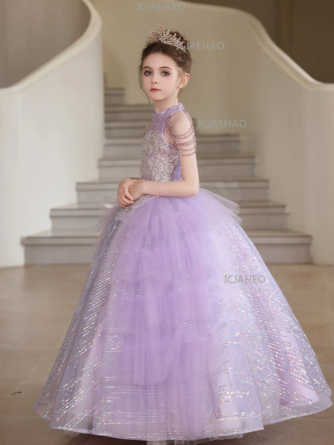 2026 Purple Kids Formal Girls Princess Gown Children Piano Performance Elegant Host Dress Wedding Flower Girl Evening Costume