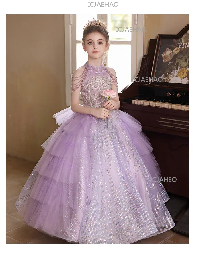2026 Purple Kids Formal Girls Princess Gown Children Piano Performance Elegant Host Dress Wedding Flower Girl Evening Costume