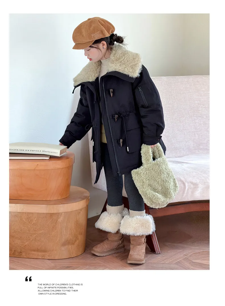 Teenager Girls Thicken Jackets Plush Velvet Fur Collar Kids Coats Children's Winter Warm Hooded Outerwear Fashion Padded Parka
