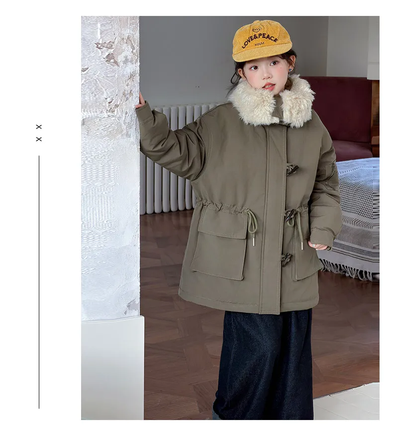 Teenager Girls Thicken Jackets Plush Velvet Fur Collar Kids Coats Children's Winter Warm Hooded Outerwear Fashion Padded Parka